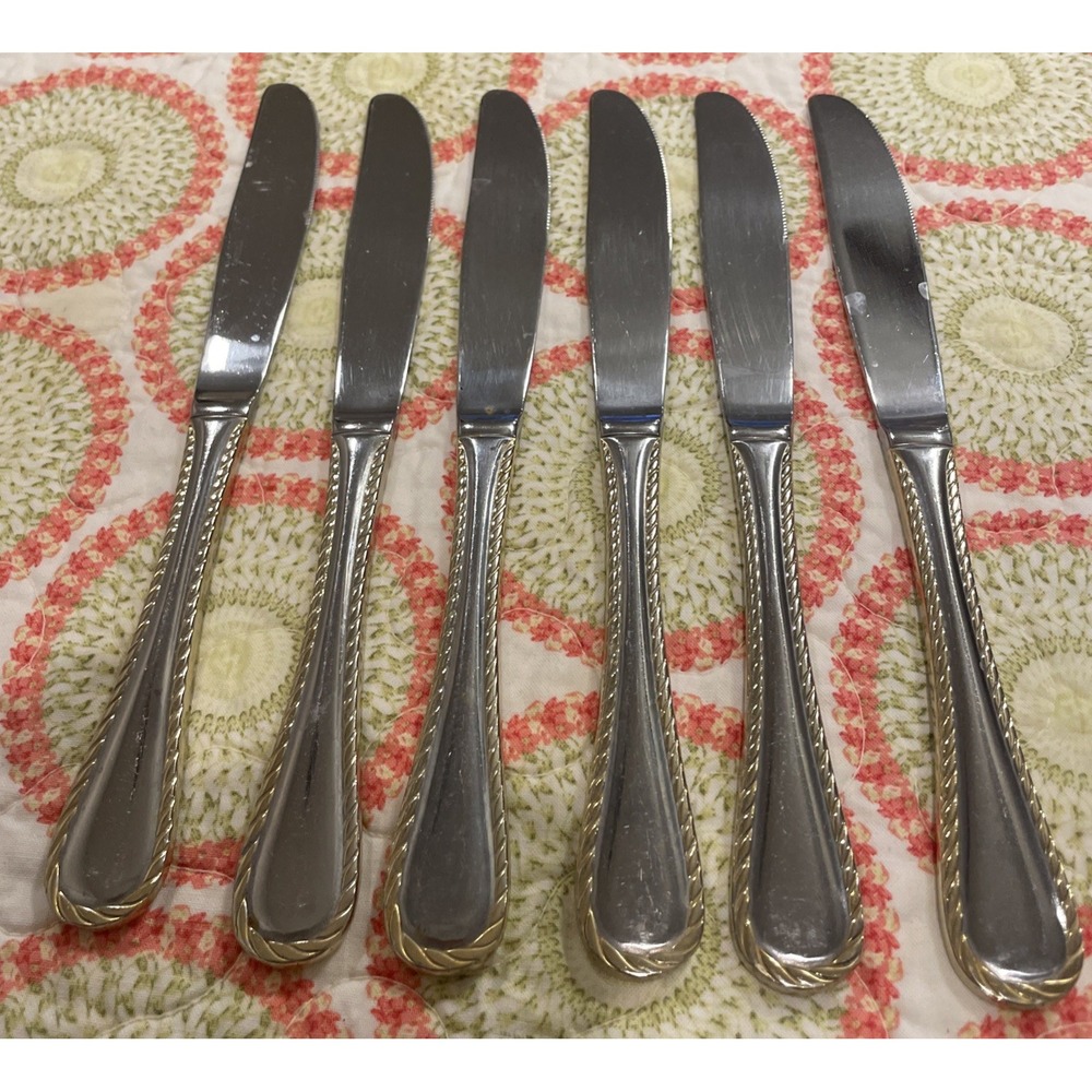 Oneida Golden Belmont Stainless Rope Edge Gold Solid‎ Knife Set Of 6 VTG